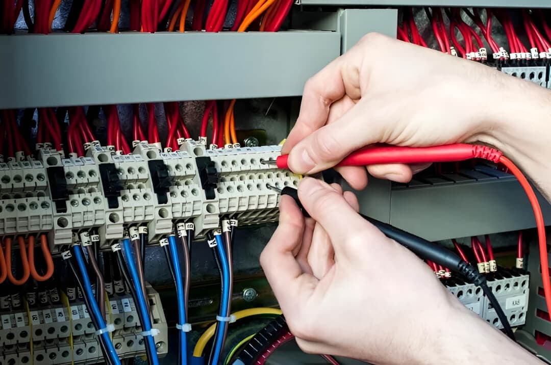 Technician testing electrical connections on a commercial generator control panel